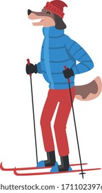 Dog Skiing, Animal Athlete Character Doing Sports Wearing Warm Clothing Vector Illustration