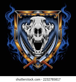 Dog skull with sharp sword and shield on fire