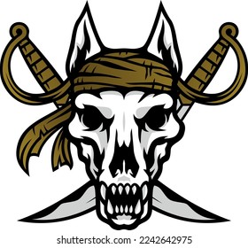 Dog Skull wearing Bandana and Cross Swords with Pirate Style