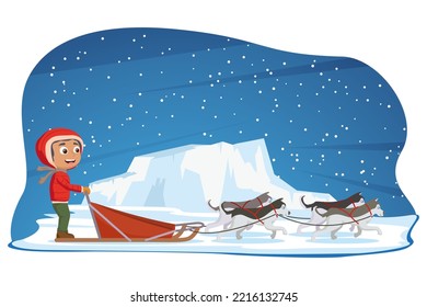 Dog Sled. People With Dogs Skating On Snow In Winter. Dog Racing. Vector Illustration