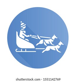 Dog sledding blue flat design long shadow glyph icon. Winter extreme sport, risky activity. Sleigh riding. Cold season outdoor leisure. Group of husky and musher. Vector silhouette illustration