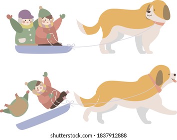 Dog sledding children 2 illustrations