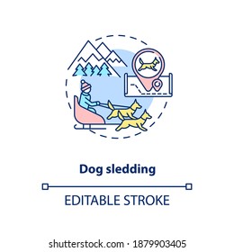Dog sledding concept icon. Winter outdoor activity idea thin line illustration. Cold-season activities. Dog sleigh racing. Mushing. Vector isolated outline RGB color drawing. Editable stroke