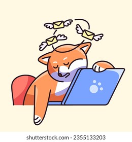 Dog sleep on laptop concept. Cute Shiba tired of answering mails, reply messages. Worker rests on freelance, puppy relaxes on pause, procrastination on online work. Flat isolated vector illustration