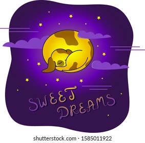 The dog is sleeping in the background of the starry night sky as the moon. Wishing you sweet dreams. Vector illustration.