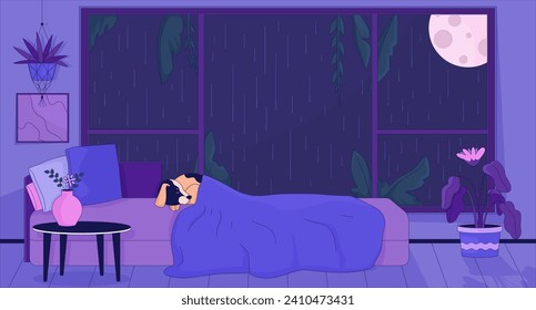 Dog sleeping in bed at night rainy 2D cartoon background. Sleepy puppy lifestyle colorful aesthetic vector illustration, nobody. Full moon nighttime window bedroom flat line wallpaper art, lofi image