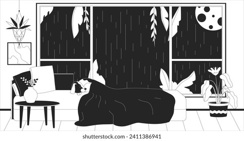 Dog sleeping in bed at night rainy outline 2D cartoon background. Sleepy puppy lifestyle linear vector illustration. Full moon nighttime window bedroom flat wallpaper art, monochromatic lofi image