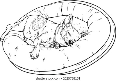 Dog sleeping black and white vector illustration 