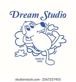 dog sleeping in the clouds retro cartoon character illustration