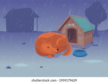 Dog sleeping in front doghouse under rain vector illustration  Sad cartoon domestic animal curling up ground  Animals  pets concept
