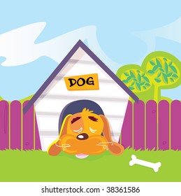 Dog sleeping in dog house. Cute dog sleep in dog house. Vector Illustration.