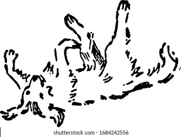 A Dog Sleeping On His Back On Ground, Vintage Line Drawing Or Engraving Illustration