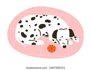 Dog sleeping on mat. Cute Dalmatian puppy curled up, resting at cozy home. Doggy lying, napping, relaxing. Calm canine animal pet asleep. Flat vector illustration isolated on white background