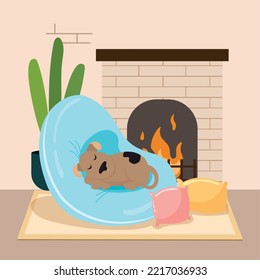Dog sleeping on a pillow next to fireplace Hygge scenario Vector