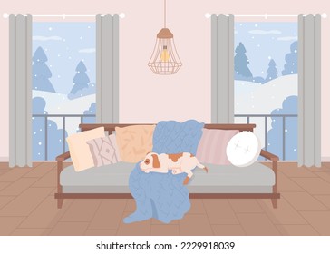 Dog sleeping on sofa flat color vector illustration. Warm living room at snowfall. Domestic lifestyle. Fully editable 2D simple cartoon interior with winter landscape on background