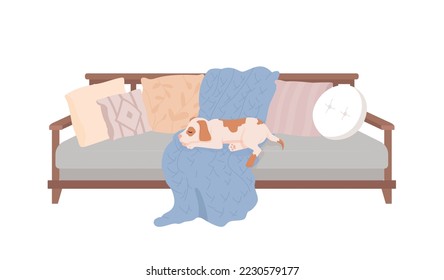 Dog sleeping on sofa semi flat color vector character. Domestic furniture. Editable full sized pet on white. Companion animal simple cartoon style illustration for web graphic design and animation