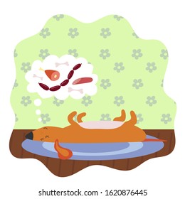 The dog sleeps and in a dream sees delicious food - sausage, sausages, bones. Flat vector illustration.