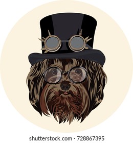 Dog small black in a hat. Steampunk. Vector illustration.