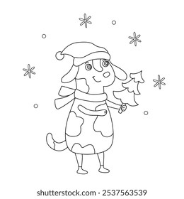 Сute dog with a small Christmas tree in its paw. Vector hand drawn doodle winter illustration, isolated black outline. Great for coloring and Xmas cards