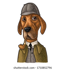 Dog smoking a pipe and dressed in hat, coat. Vector color engraving vintage illustrations. Isolated on white background. For poster detective Sherlock Holmes