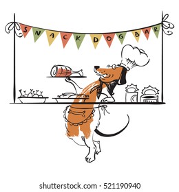 Dog snack bar. Vector illustration with cute doodle character in cap and apron advertises food for dogs.