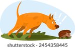 Dog sniffing hedgehog, pet playing with hedgehog. Stock vector illustration