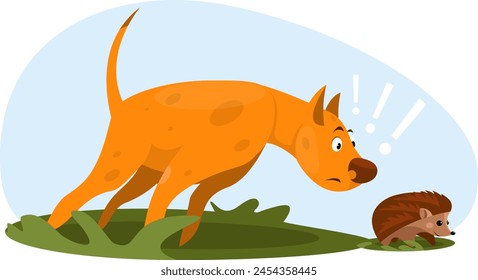 Dog sniffing hedgehog, pet playing with hedgehog. Stock vector illustration