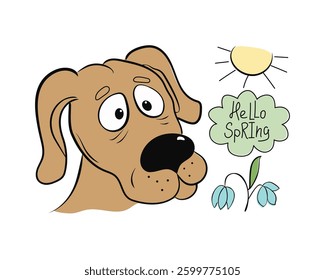 Dog sniffing spring flowers. Snowdrop, primrose. Hand lettering Hello spring. Drawing, sketch. 