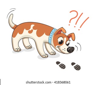 Dog Sniffing Traces Of Human. Funny Cartoon Character. Vector Illustration. Isolated On White Background