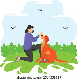 Dog Sniffing the Trainer Hands concept, Puppy recognizing the Owner vector color icon design, Pet foster and hotel Symbol, kennel animals Sign, Human-animal interaction scene illustration