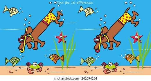 Dog and snorkel, find ten differences, vector funny illustration