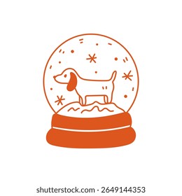 Dog in Snow Globe. Doodle style Winter Christmas Toy with dachshund puppy inside. Whimsical Retro vector illustrations.