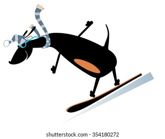 Dog a snowboarder. Cartoon dachshund fills with joy from fast ride
