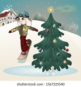 A dog snowboarder rolls down a mountain near a Christmas tree on a background of a winter landscape, vector color illustration