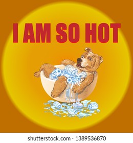 Dog Soak With Ice Cube In The Bathtub Comfortably. Caused By The Hot Air With The Background Of The Sun, Vector Illustration.