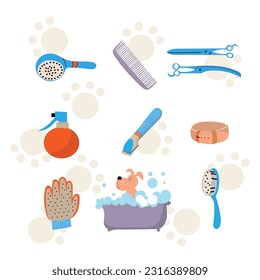 Dog and some grooming tools. Vector illustration made by hand in doodle style. Useful for postcards, banners, pet salon design.