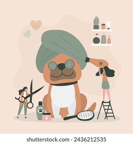 Dog spa and grooming service concept. Cute dog enjoying salon procedures, female groomer and barber uses comb and fan hair dryer. Clean happy pet in beauty salon for animals. flat vector illustration svg