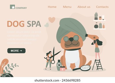 Dog spa and grooming service, landing page template. Cute dog enjoying salon procedures, female groomer and barber use comb and fan hair dryer. Clean happy pet in beauty salon for animals. flat vector svg