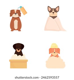 Dog spa icons set cartoon vector. Cute dog enjoying salon procedure. Clean happy pet