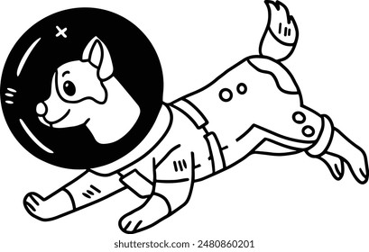 A dog in a space suit is running. The dog is wearing a space suit and he is in a playful mood