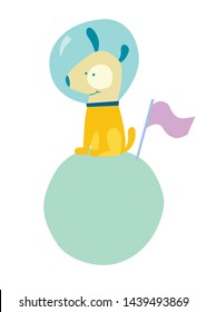 Dog in a space suit vector illustration icon. Happy dog on a small planet, flat cartoon style. Space icon isolated on white background