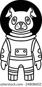 A dog in a space suit. The dog is wearing a space suit and is standing in a black and white drawing