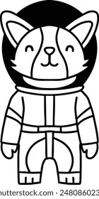 A dog in a space suit. The dog is wearing a space suit and is standing in a black and white drawing