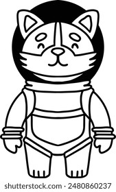 A dog in a space suit. The dog is wearing a space suit and is standing in a black and white drawing