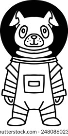 A dog in a space suit. The dog is wearing a space suit and is standing in a black and white drawing