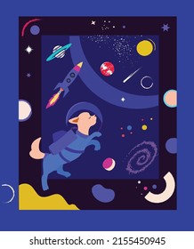 A dog in a spacesuit is flying through space. Beautiful colorful abstract space with stars and planets. Vector illustration.