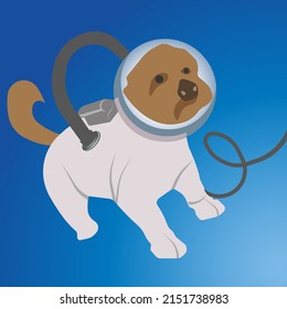 A dog in a spacesuit in outer space. The flight of an animal into space. Vector illustration.