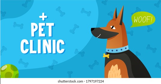Dog with speech bubble and text label. Vector background template. Ad poster design for pet shop, clinic or else.