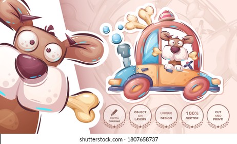 Dog speed travel -cute sticker. Vector eps 10