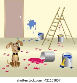 Dog spilled paint and leave muddy footprints on the floor. Vector illustration 